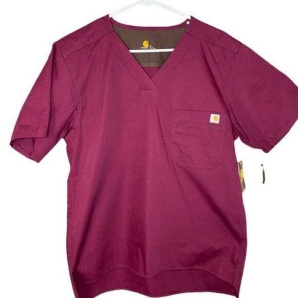 CARHARRT NWT Men's Ripstop Maroon Short Sleeve V Neck Scrub Top Size Small - Picture 1 of 5